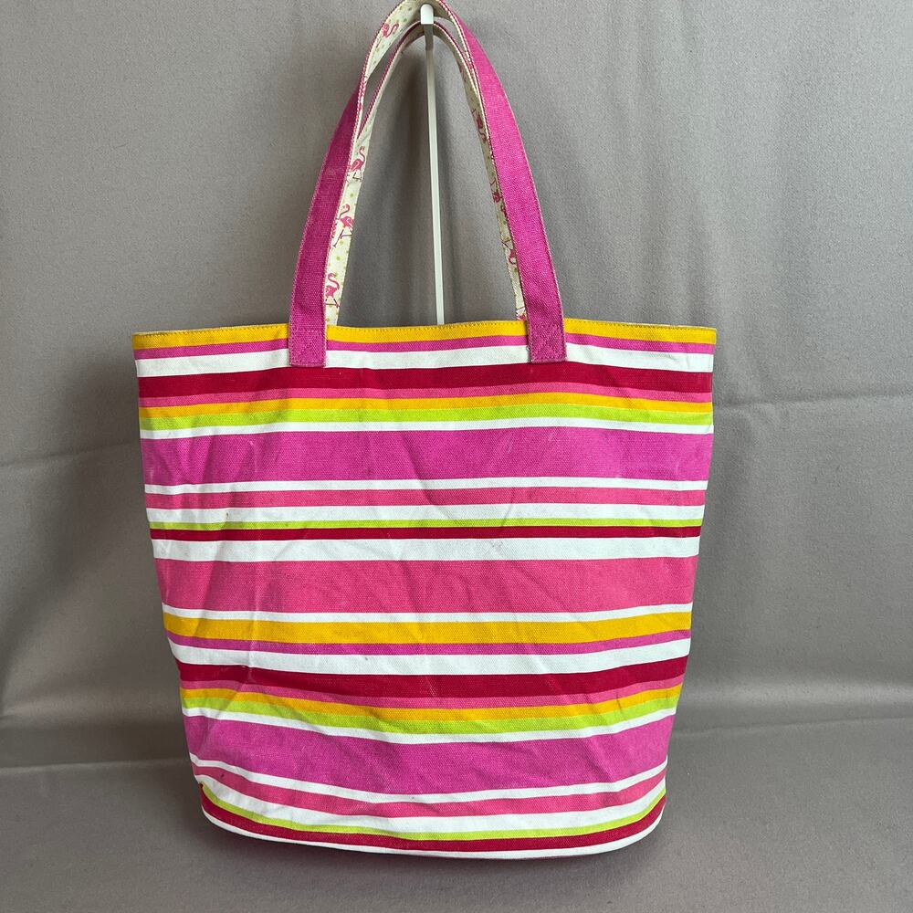 Preppy Punctuate Stripe Canvas Tote Bag Pink Flamingo Lining Beach Bag Whimsical